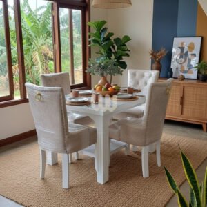 KimWoods Chester 4-Seater Wooden Dining Set – Modern Marble-Top | Beige Tufted Chairs