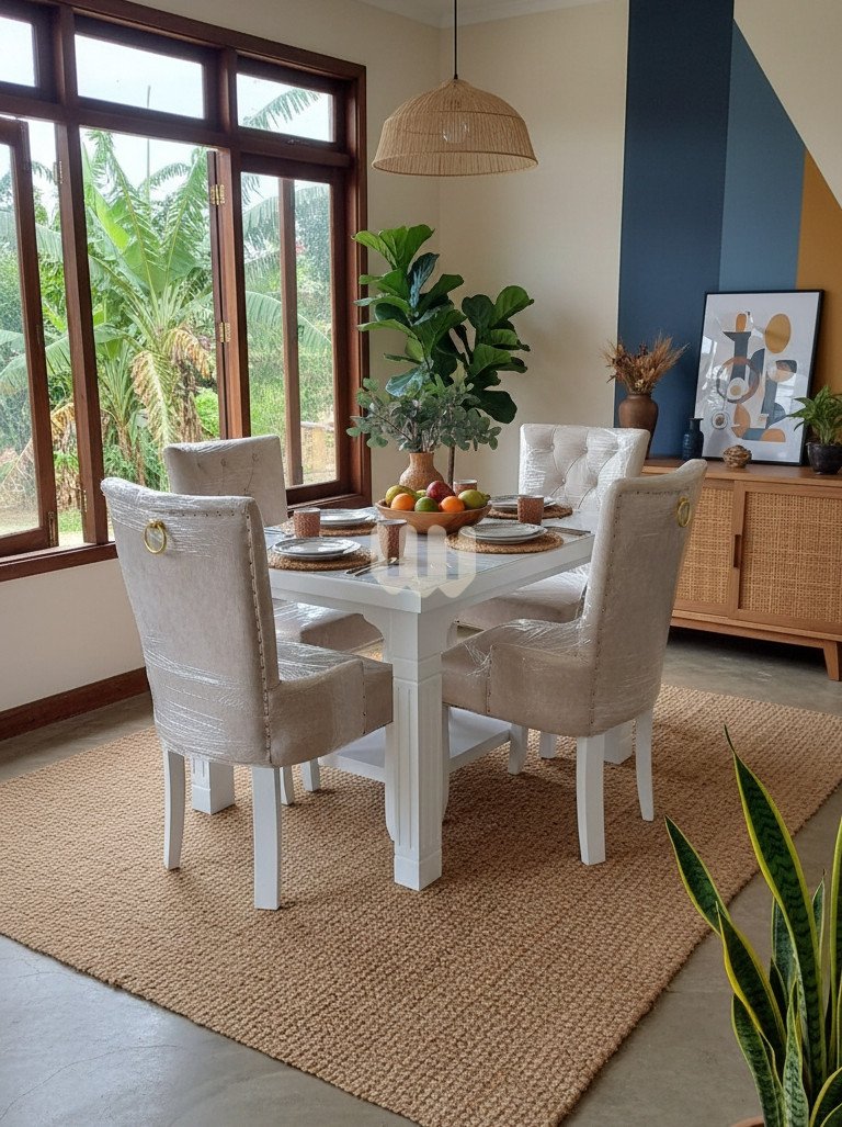 KimWoods Chester 4-Seater Wooden Dining Set – Modern Marble-Top | Beige Tufted Chairs