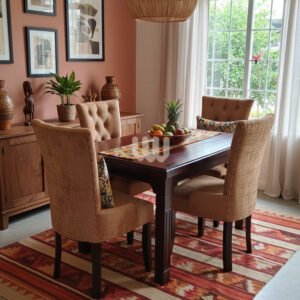 KimWoods Chester 4-Seater tufted Dining Set – Deep Walnut Finish + Velvet-Touch Chairs