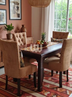 KimWoods Chester 4-Seater tufted Dining Set – Deep Walnut Finish + Velvet-Touch Chairs