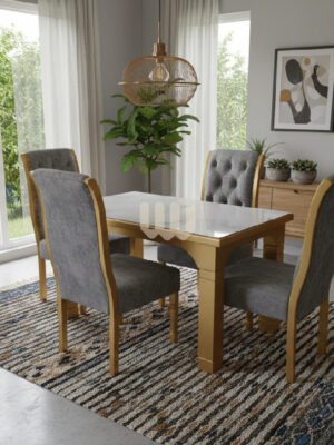 KimWoods Chester; Modern 4-Seater Dining Set – Marble Top + Grey Tufted Chairs