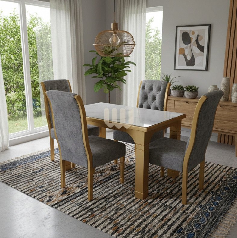 KimWoods Chester; Modern 4-Seater Dining Set – Marble Top + Grey Tufted Chairs