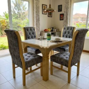 KimWoods Chester; Modern 4-Seater Dining Set – Marble Top + Grey Tufted Chairs