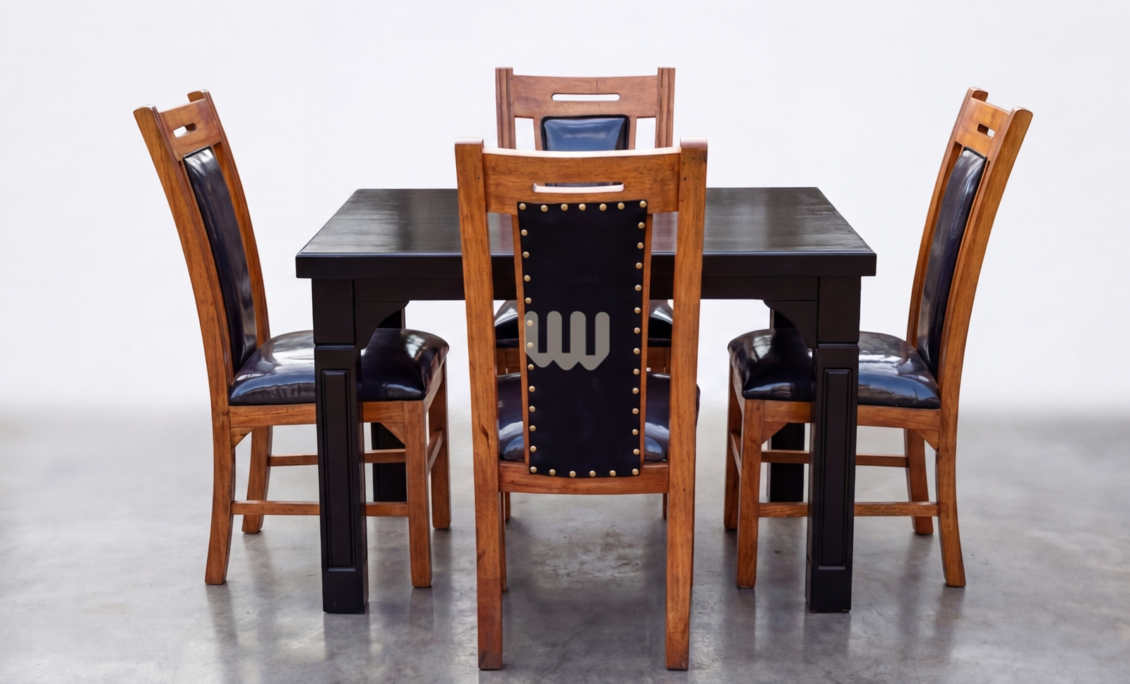 Claire & Clara 4-Seater Dining Set – Black Table + Mahogany Chairs with Black Upholstery