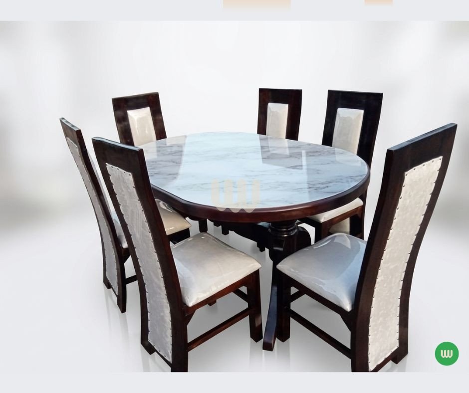 Claire & Clara Marble Top Dining Set – 6 Seater | Walnut Finish