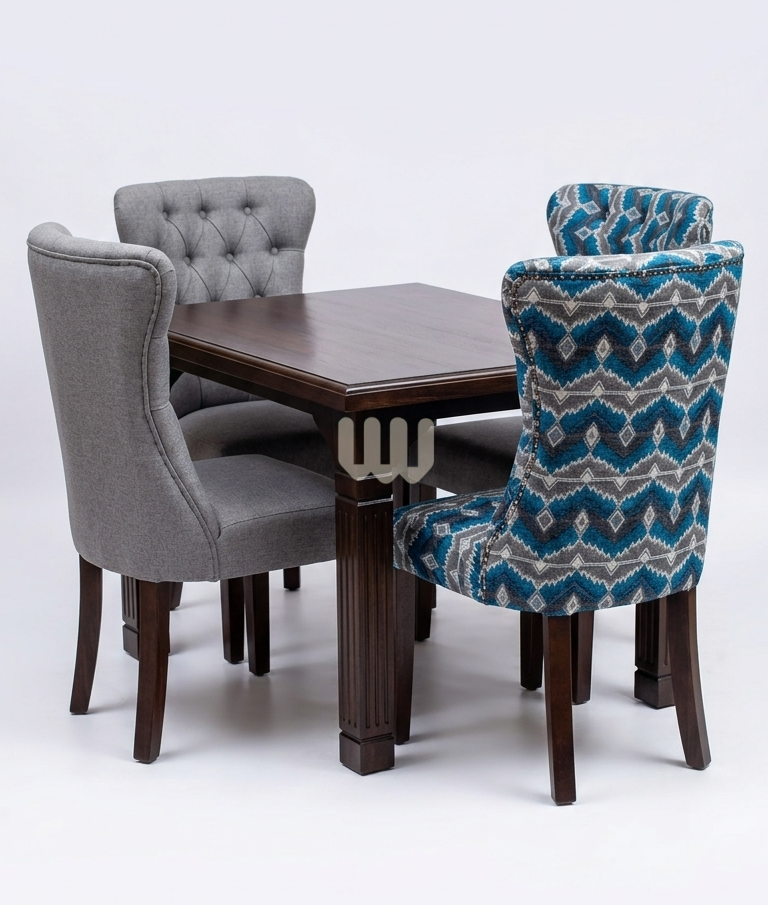 KimWoods Chester 4-Seater Dining Set – Walnut Finish + Mixed Upholstered Chairs