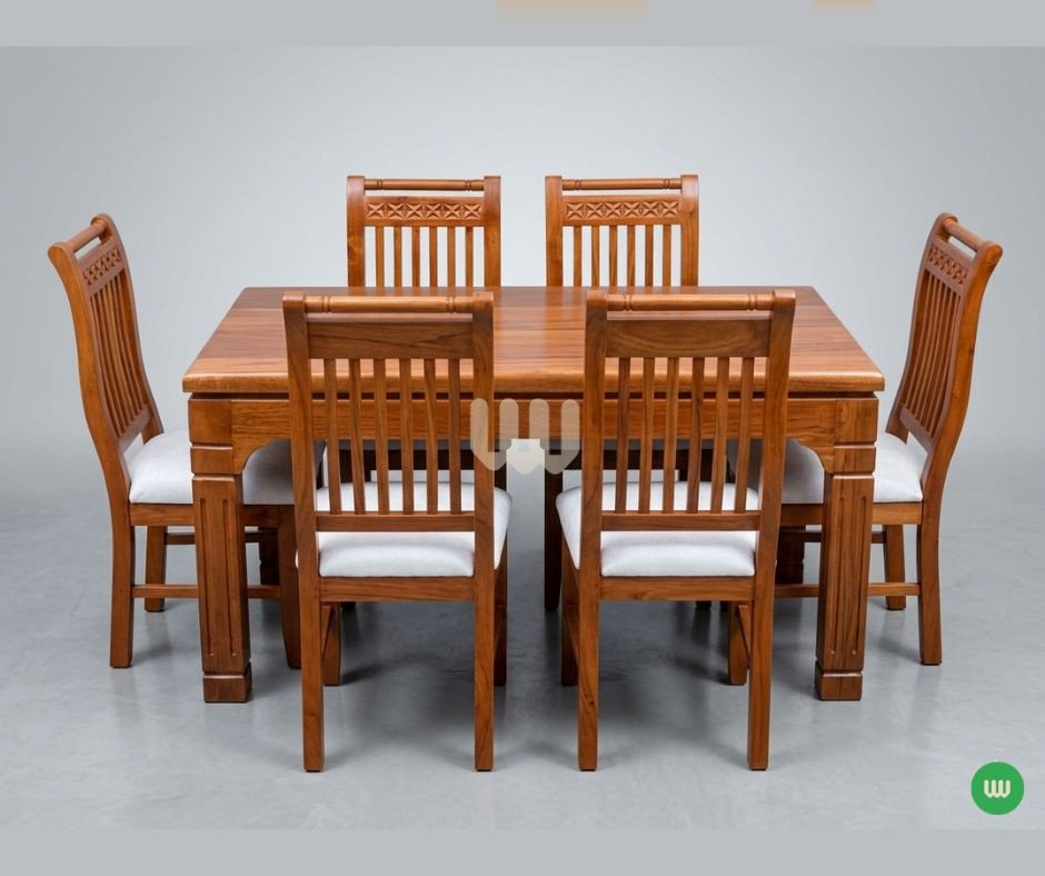 8-Seater Solid Wood Dining Set – Carved Back Chairs + Cushioned Seats (Mahogany Finish)