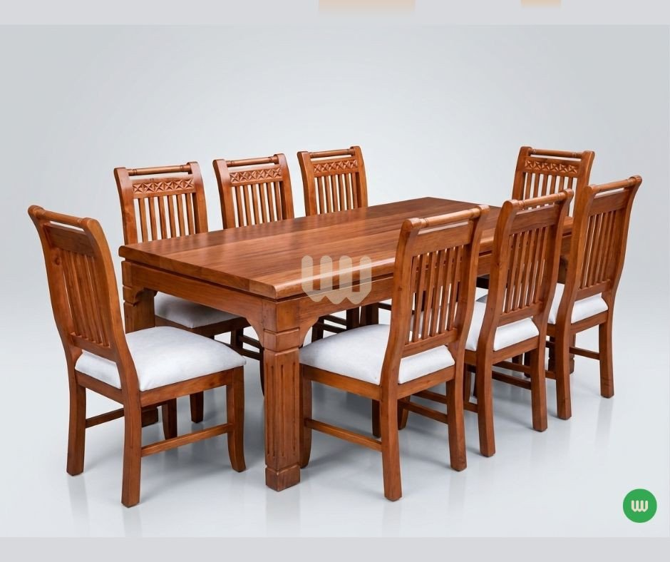 8-Seater Solid Wood Dining Set – Carved Back Chairs + Cushioned Seats (Mahogany Finish)