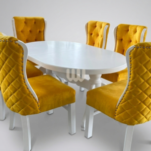 Mwangaza Luxe Dining Set – 6 Seater | White Finish with Mustard Upholstery