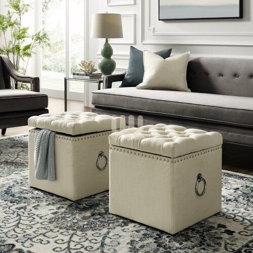 Jewel Tufted Storage Ottoman – Beige Fabric + Button-Tufted Top + Ring Handle