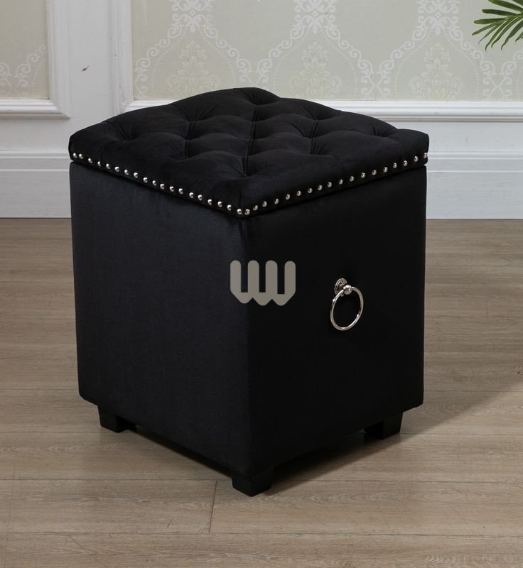 Jewel Tufted Storage Ottoman – Beige Fabric + Button-Tufted Top + Ring Handle