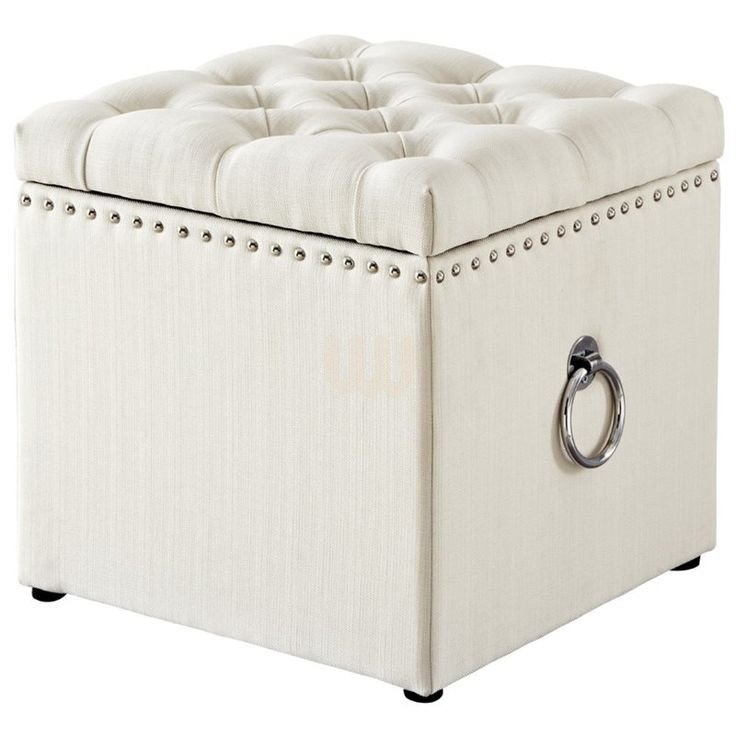 Jewel Tufted Storage Ottoman – Beige Fabric + Button-Tufted Top + Ring Handle