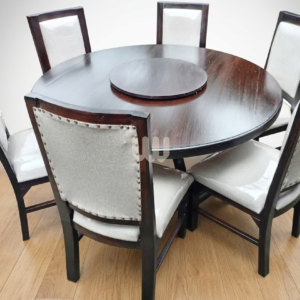 Claire & Clara 6-Seater Dining Set – Round Table with Center Revolver (Walnut Finish, Beige Upholstery)