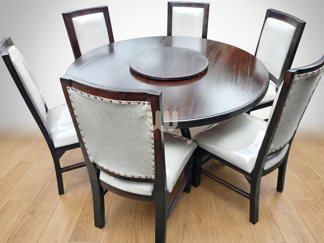 Claire & Clara 6-Seater Dining Set – Round Table with Center Revolver (Walnut Finish, Beige Upholstery)