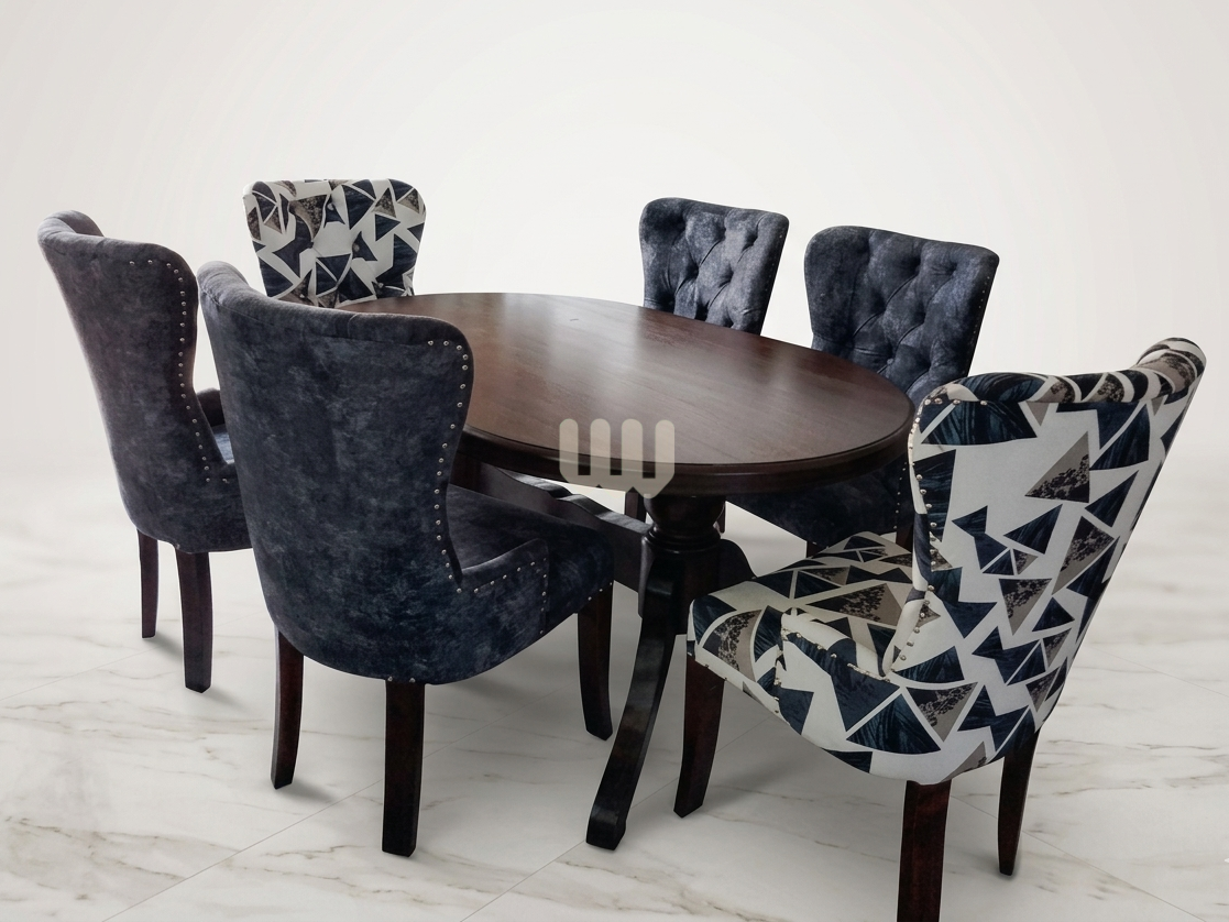 KimWoods Chester 6-Seater Dining Set – Oval Table + Mixed Upholstered Chairs (Dark Finish)