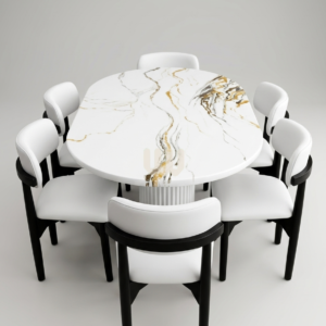 Sunshine Minimalist 6-Seater Dining Set – Oval Marble Top + White Upholstered Chairs (Black Frame)