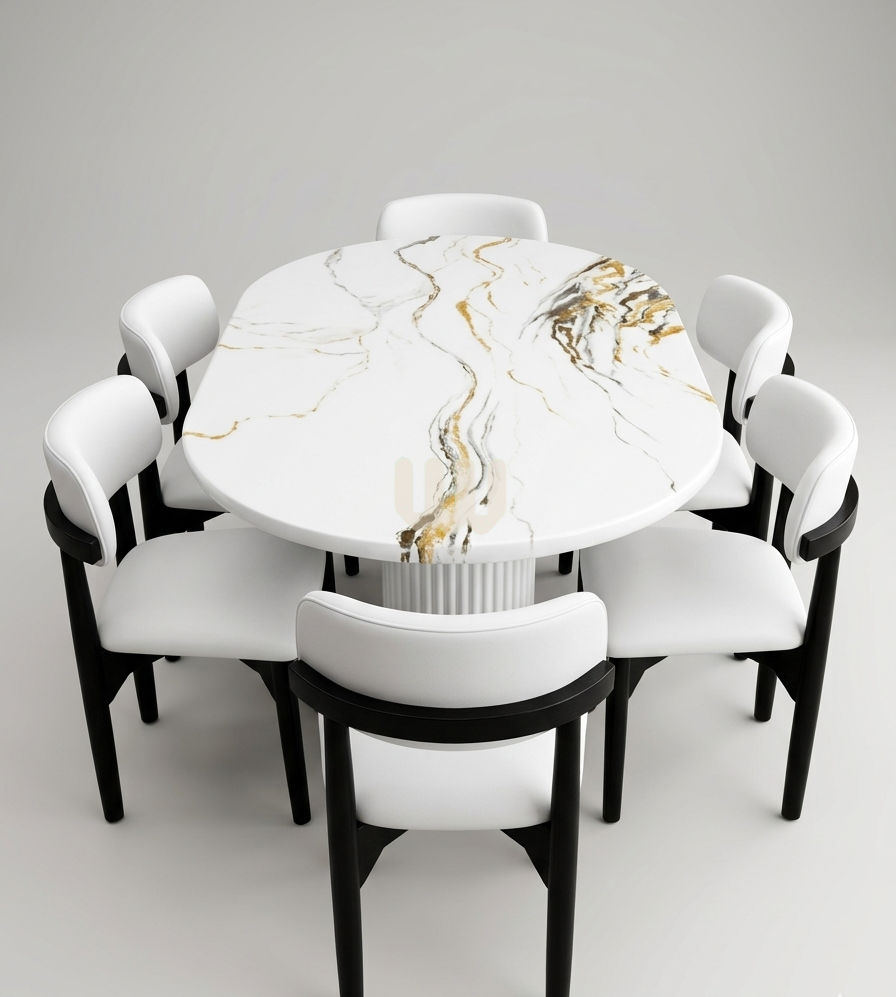 Sunshine Minimalist 6-Seater Dining Set – Oval Marble Top + White Upholstered Chairs (Black Frame)