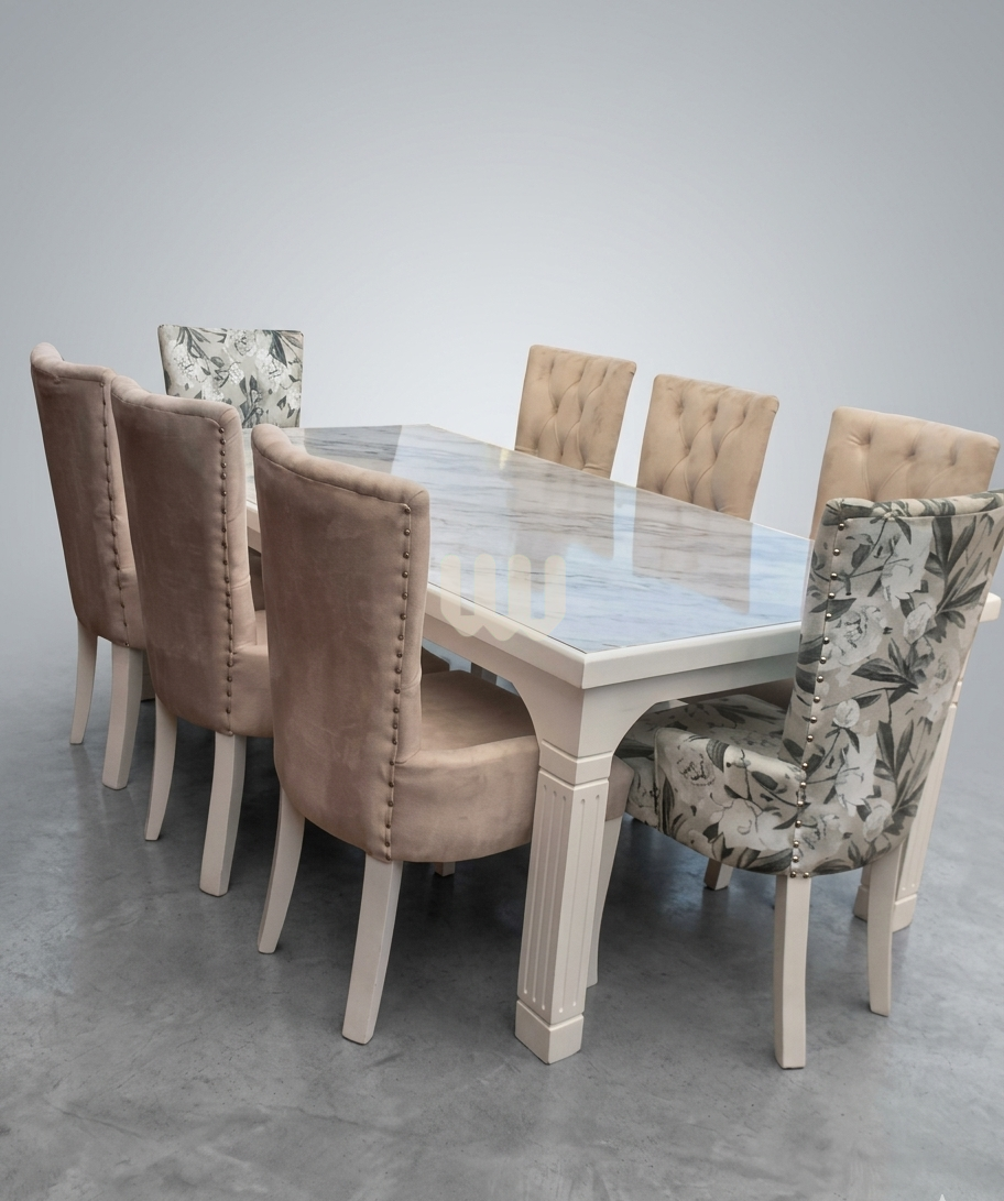 KimWoods Chester Marble Dining Set – 8 Seater | Painted White Finish with Beige Upholstery