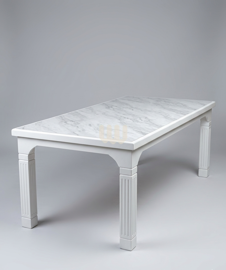KimWoods Chester Marble Dining Set – 8 Seater | Painted White Finish with Beige Upholstery
