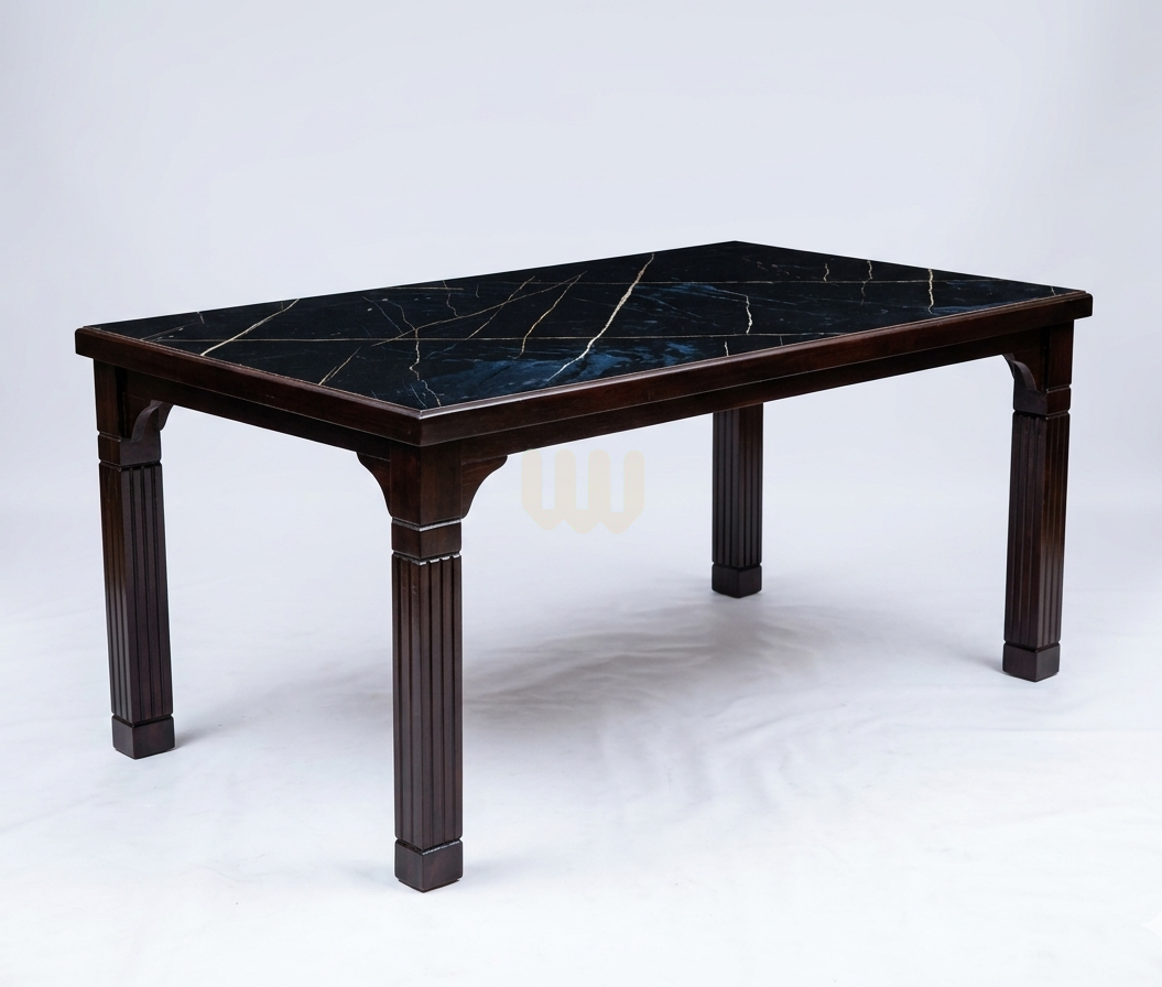 Kimwoods Chester Dining Set – 6 Seater Marble-Top Dining Table with Black Mix-Match Upholstered Chairs