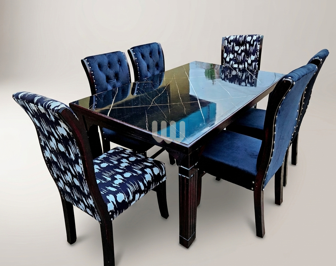 Kimwoods Chester Dining Set – 6 Seater Marble-Top Dining Table with Black Mix-Match Upholstered Chairs