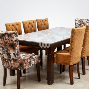 Kimwoods Chester Marble Dining Set – 8 Seater | Walnut Finish with Mix & Match Upholstery