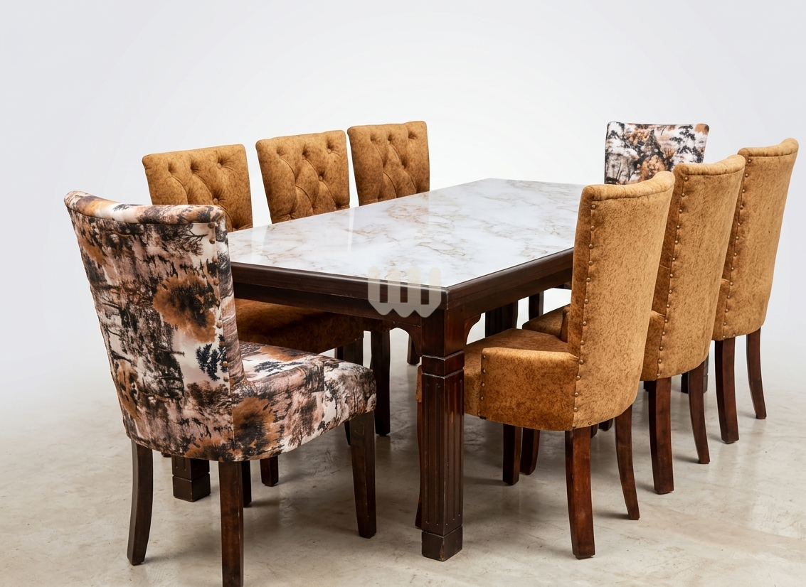 Kimwoods Chester Marble Dining Set – 8 Seater | Walnut Finish with Mix & Match Upholstery