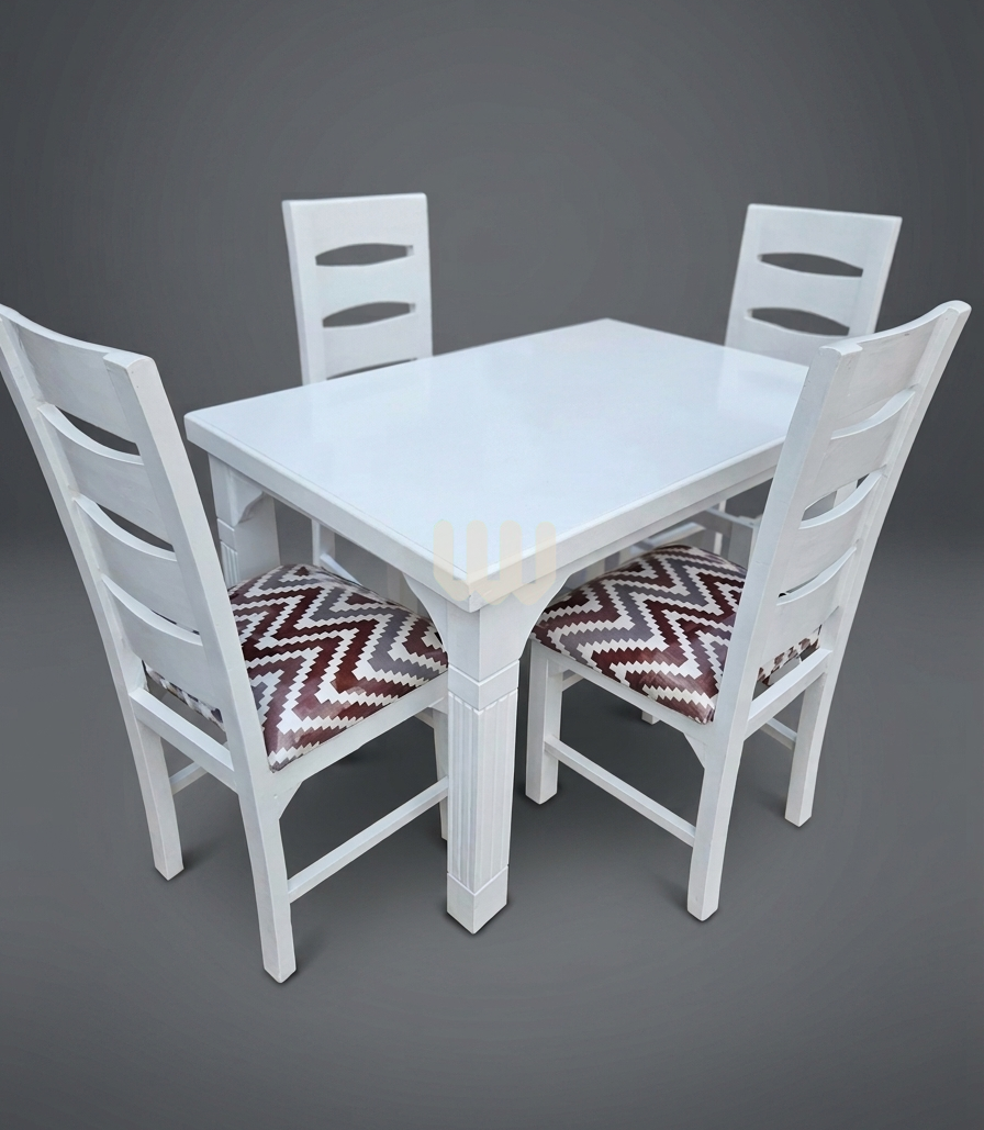 Mwangaza Macho Dining Set – 4 Seater | White Finish with Zigzag Upholstered Chairs