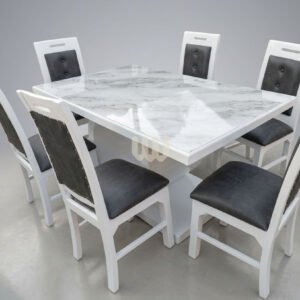 Mwangaza Circular Stand Dining Set – 6 Seater Marble-Top Dining Table with Upholstered Chairs