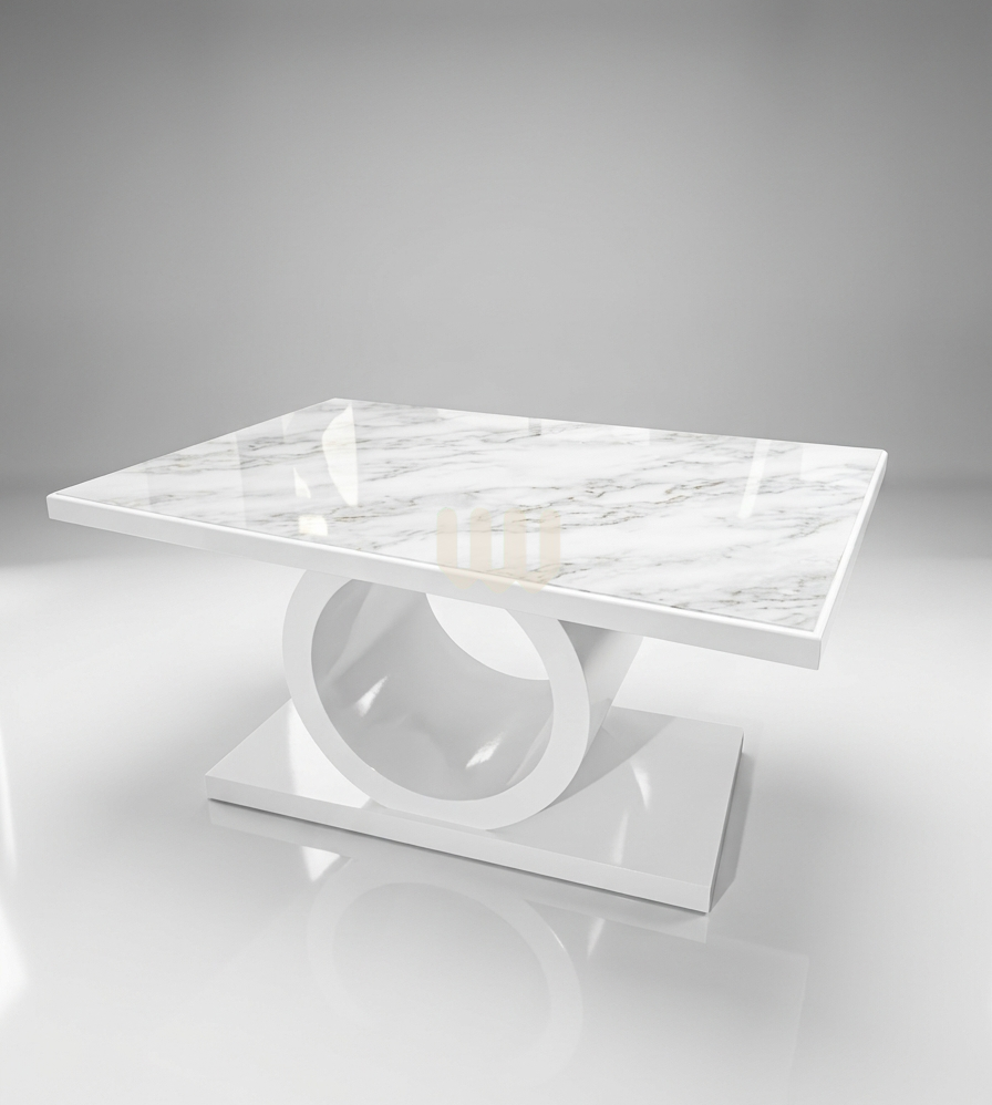 Mwangaza Circular Stand Dining Set – 6 Seater Marble-Top Dining Table with Upholstered Chairs
