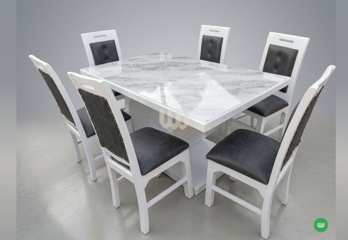 Mwangaza Circular Stand Dining Set – 6 Seater Marble-Top Dining Table with Upholstered Chairs