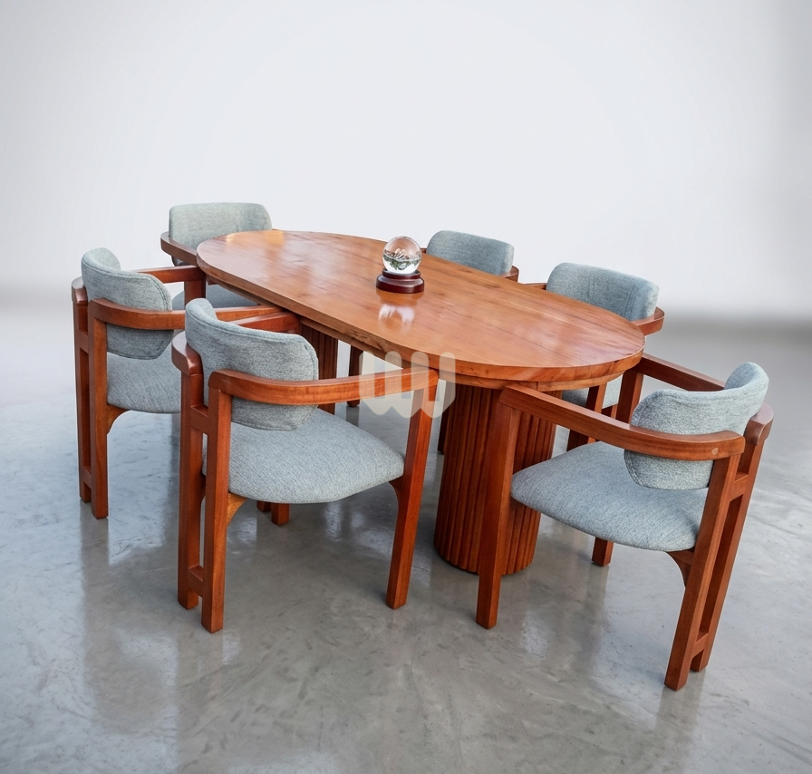 Bestie Mahogany Cup Dining Set – 6 Seater Oval Dining Table with Upholstered Chairs