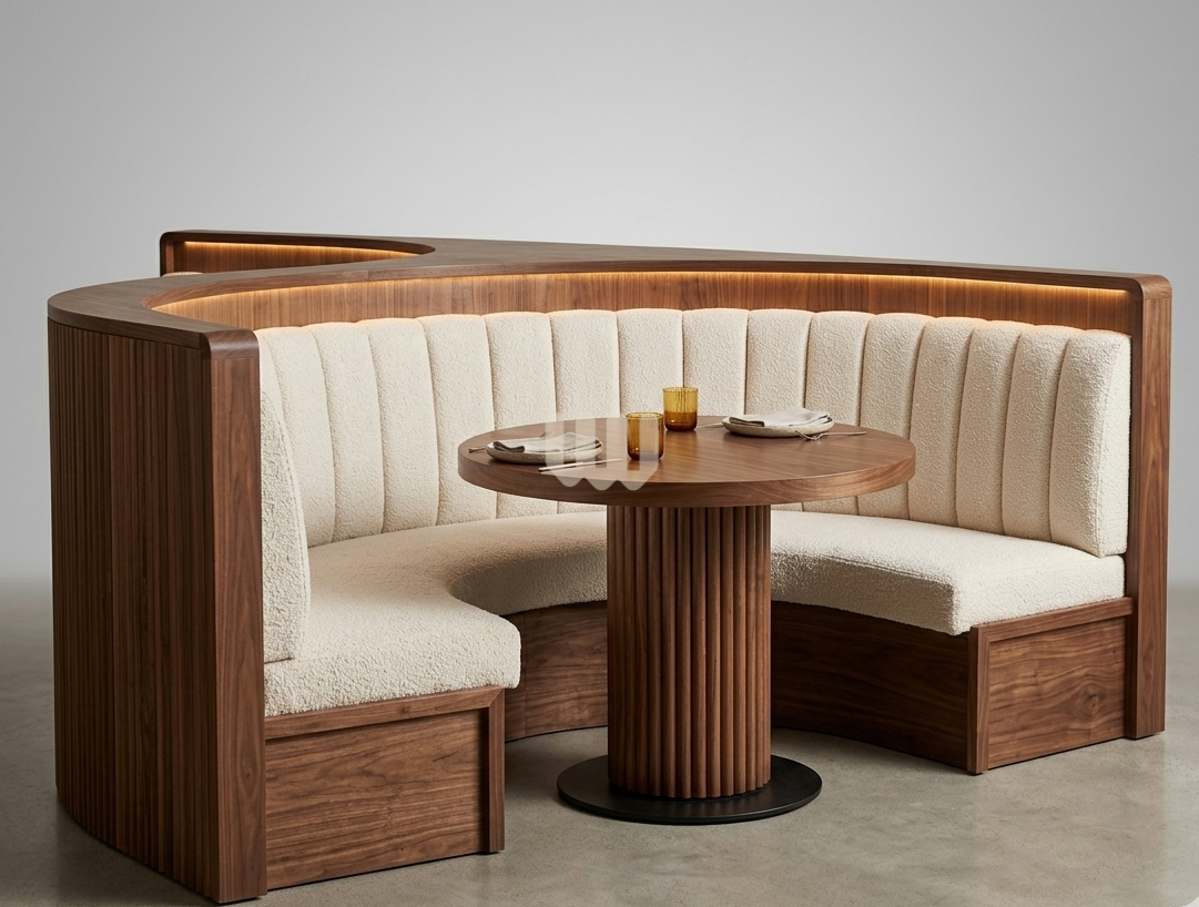 Modern Restaurant Booth Seating & Dining Set – Walnut Finish with Beige Upholstery