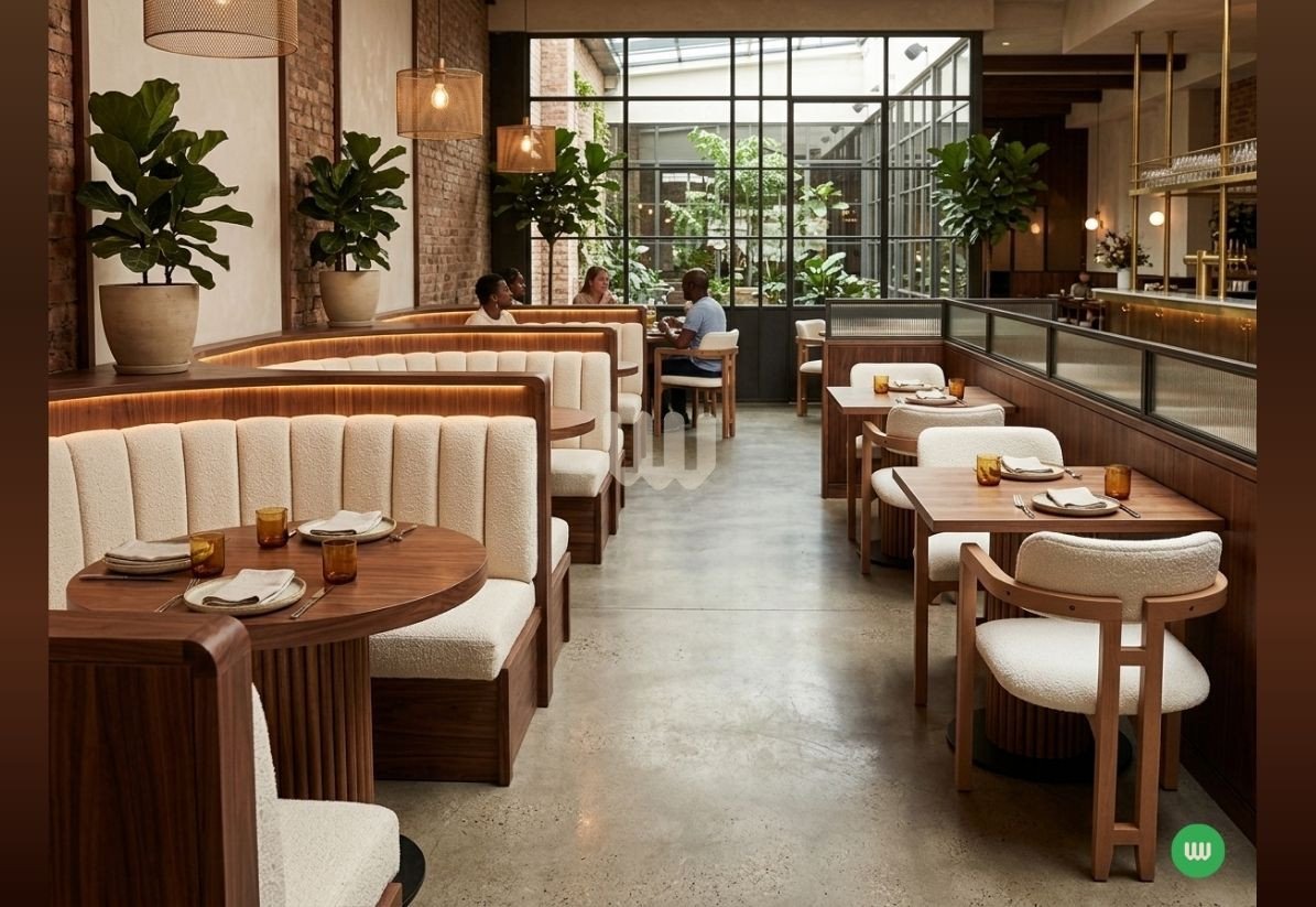 Modern Restaurant Booth Seating & Dining Set – Walnut Finish with Beige Upholstery