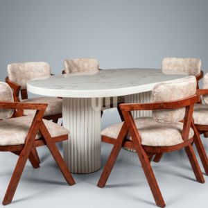 Sunshine Minimalist Dining Set – 6 Seater | Marble Top Oval Table