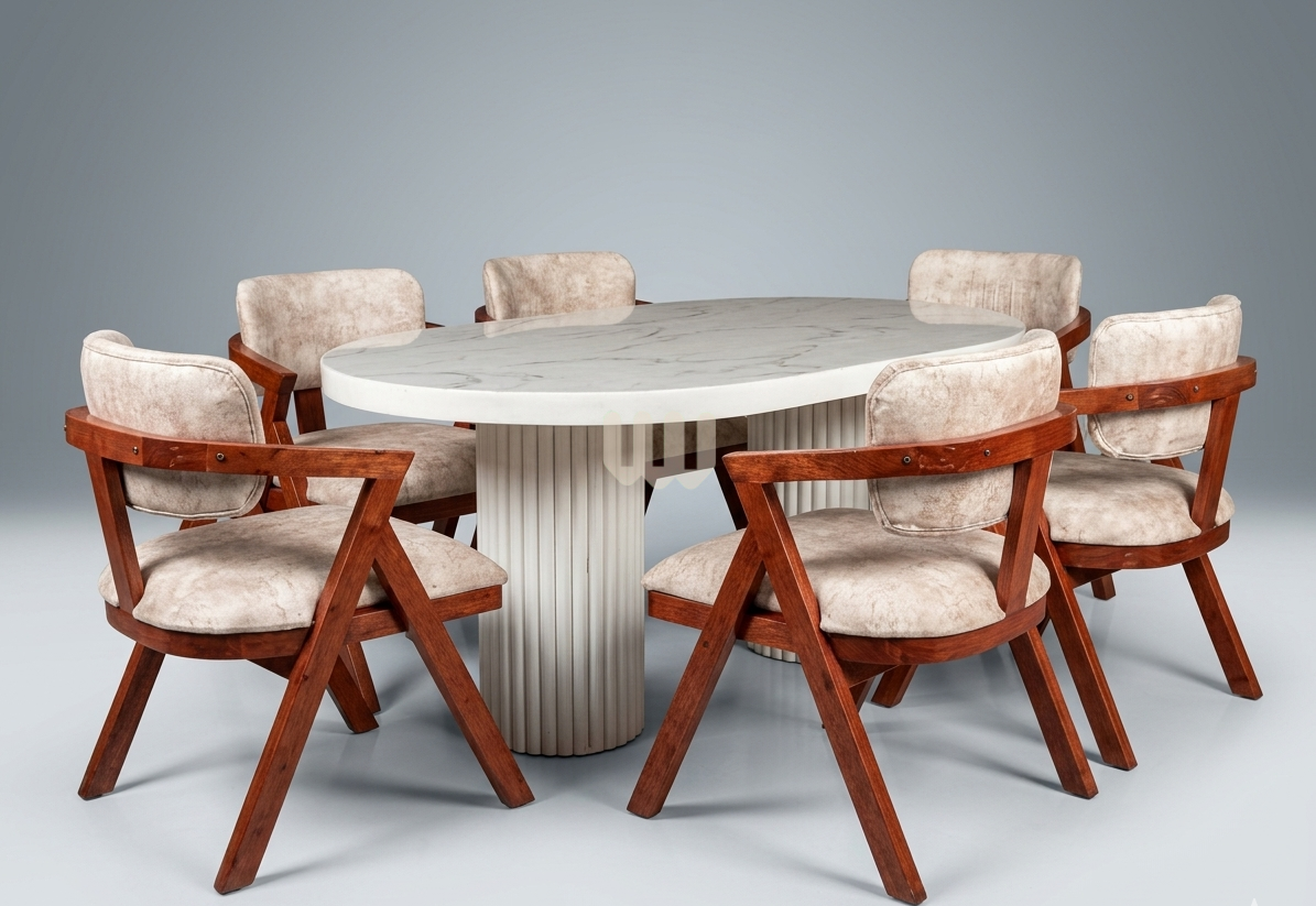 Sunshine Minimalist Dining Set – 6 Seater | Marble Top Oval Table