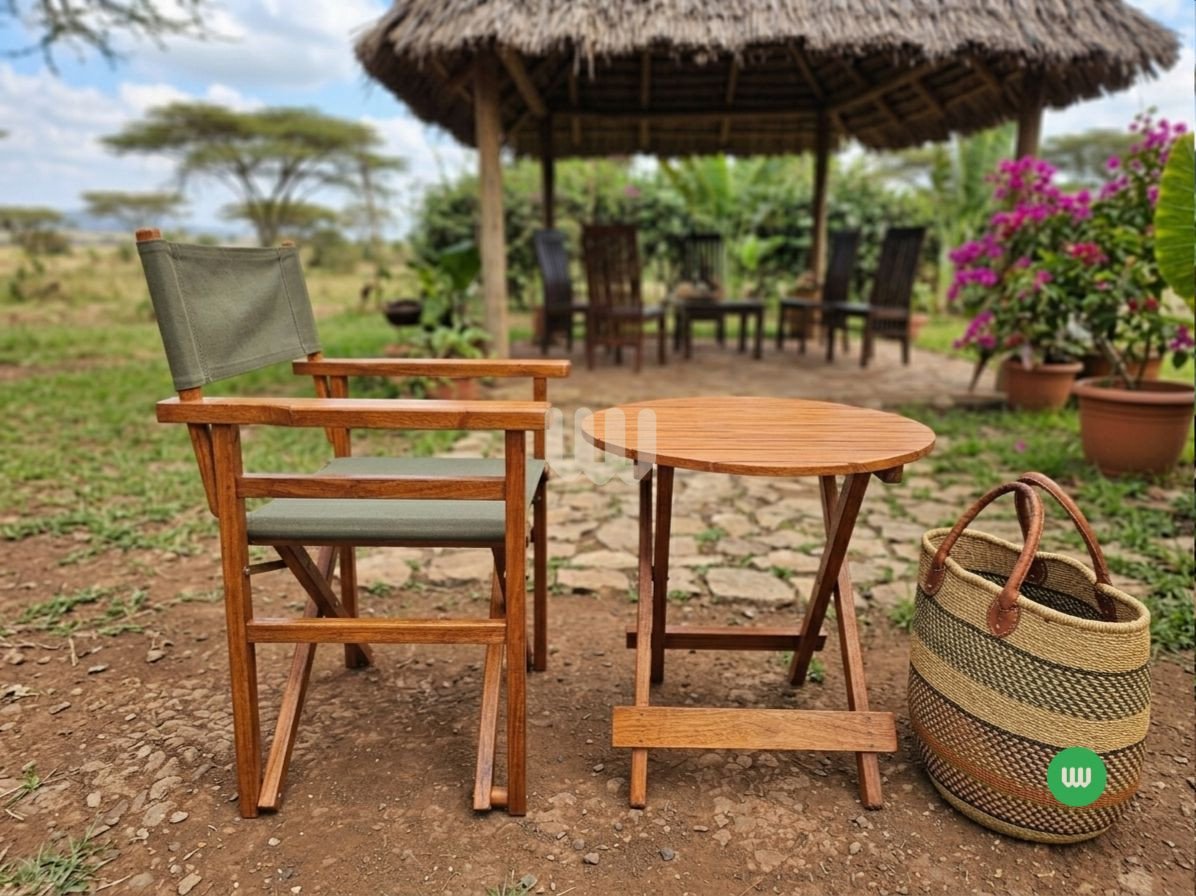 Alltime Folding Outdoor Camping Set – 2 Folding Chairs + Round Table | Mahogany Finish