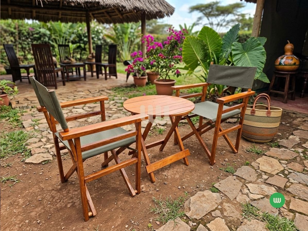 Alltime Folding Outdoor Camping Set – 2 Folding Chairs + Round Table | Mahogany Finish