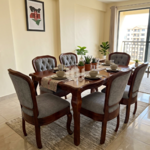 Mtwaper Heritage Dining Set – 6 Seater | Solid Cypress Wood & Grey Tufted Upholstery