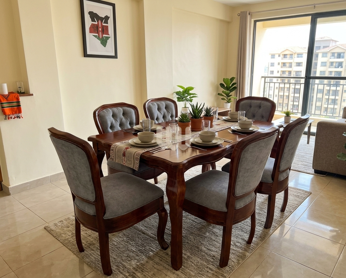 Mtwaper Heritage Dining Set – 6 Seater | Solid Cypress Wood & Grey Tufted Upholstery