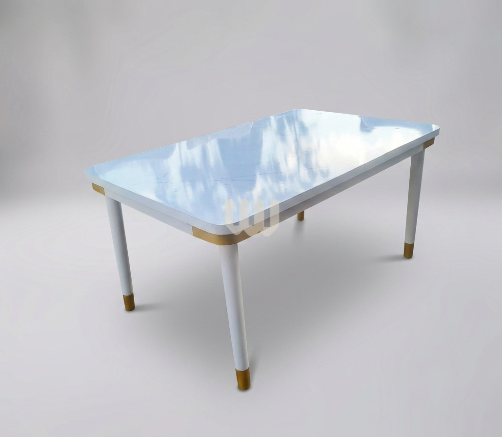 Sunshine Modern Marble Top Dining Set – 6 Seater | White & Gold Finish with Beige Upholstered Chairs