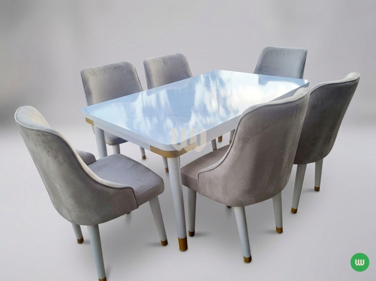 Sunshine Modern Marble Top Dining Set – 6 Seater | White & Gold Finish with Beige Upholstered Chairs