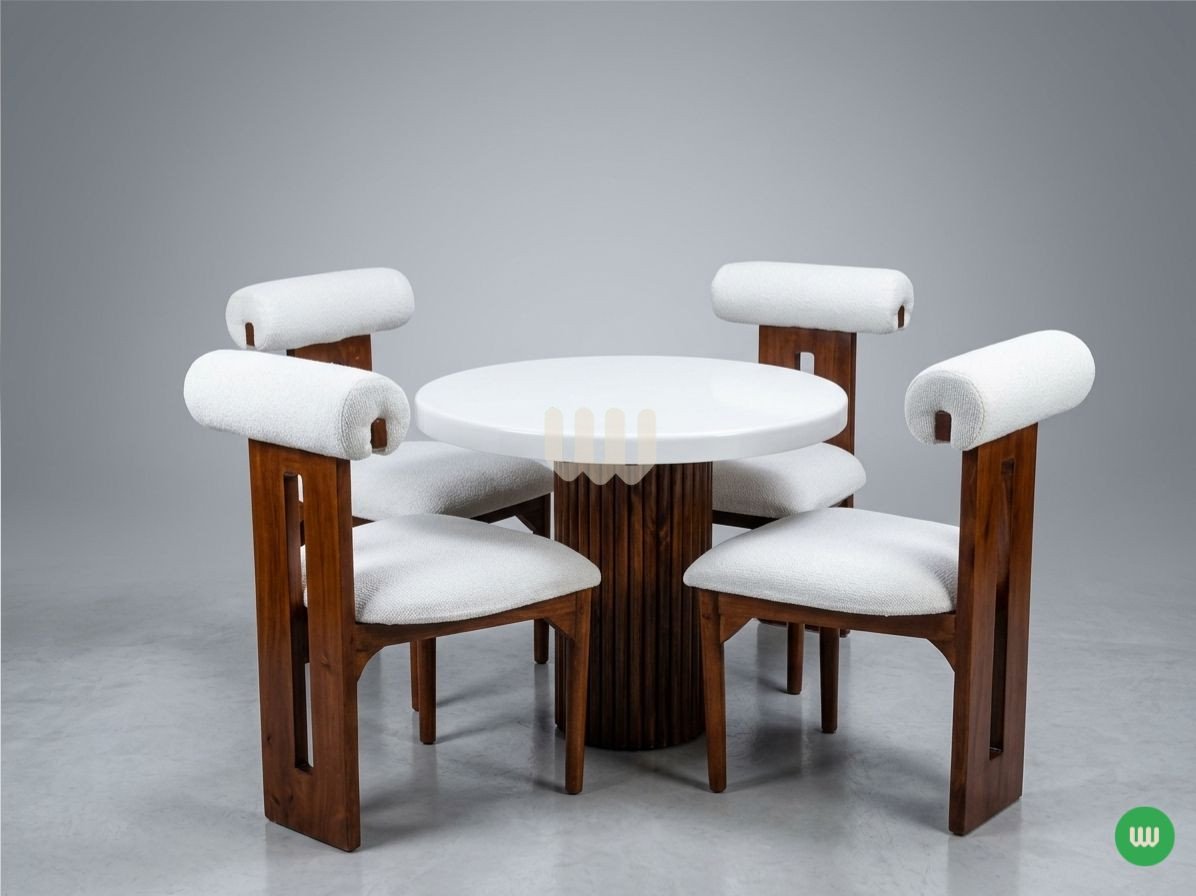 Sunshine Rolled Backrest Dining Set – 4 Seater | Round White Table Top & Walnut Finish