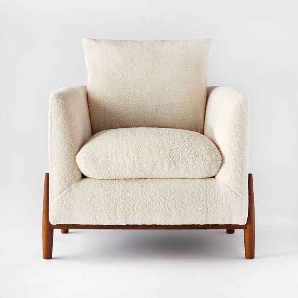 Jewel Accent Chair with Pouf | Mahogany Frame & Beige Bouclé Fabric