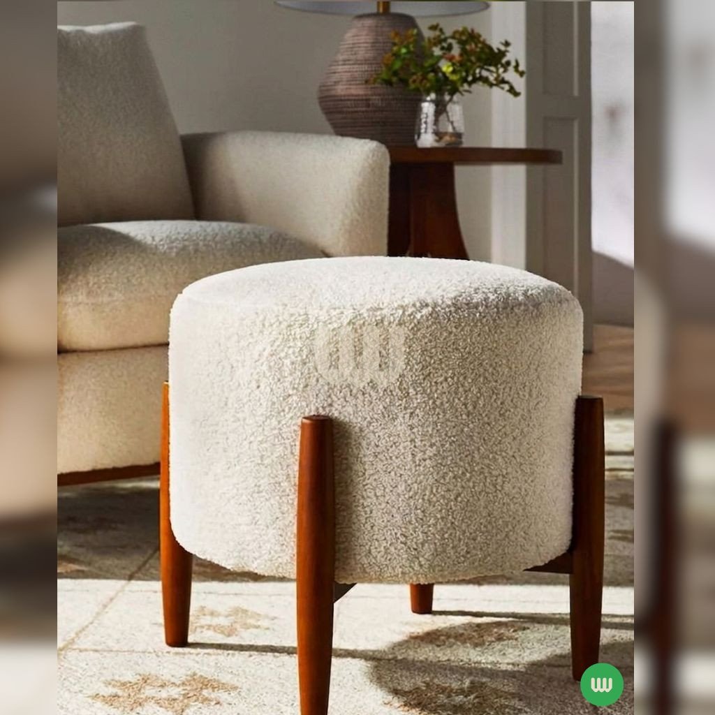 Jewel Accent Chair with Pouf | Mahogany Frame & Beige Bouclé Fabric