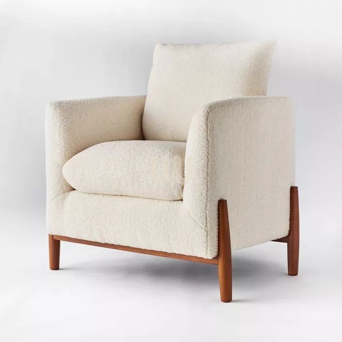 Jewel Accent Chair with Pouf | Mahogany Frame & Beige Bouclé Fabric