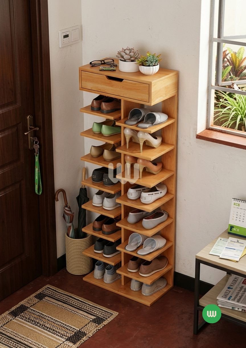 Jewel Wooden Shoe Rack – 16 Pair Capacity | 8 Shelves + Top Storage Drawer
