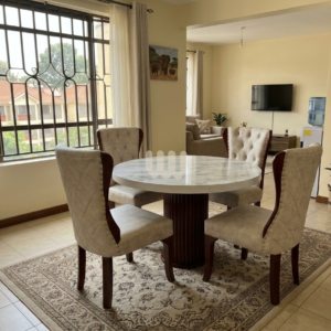 Kimwoods Chester Dining Set – 4 Seater Round | Marble Top & Diamond-Tufted Chairs