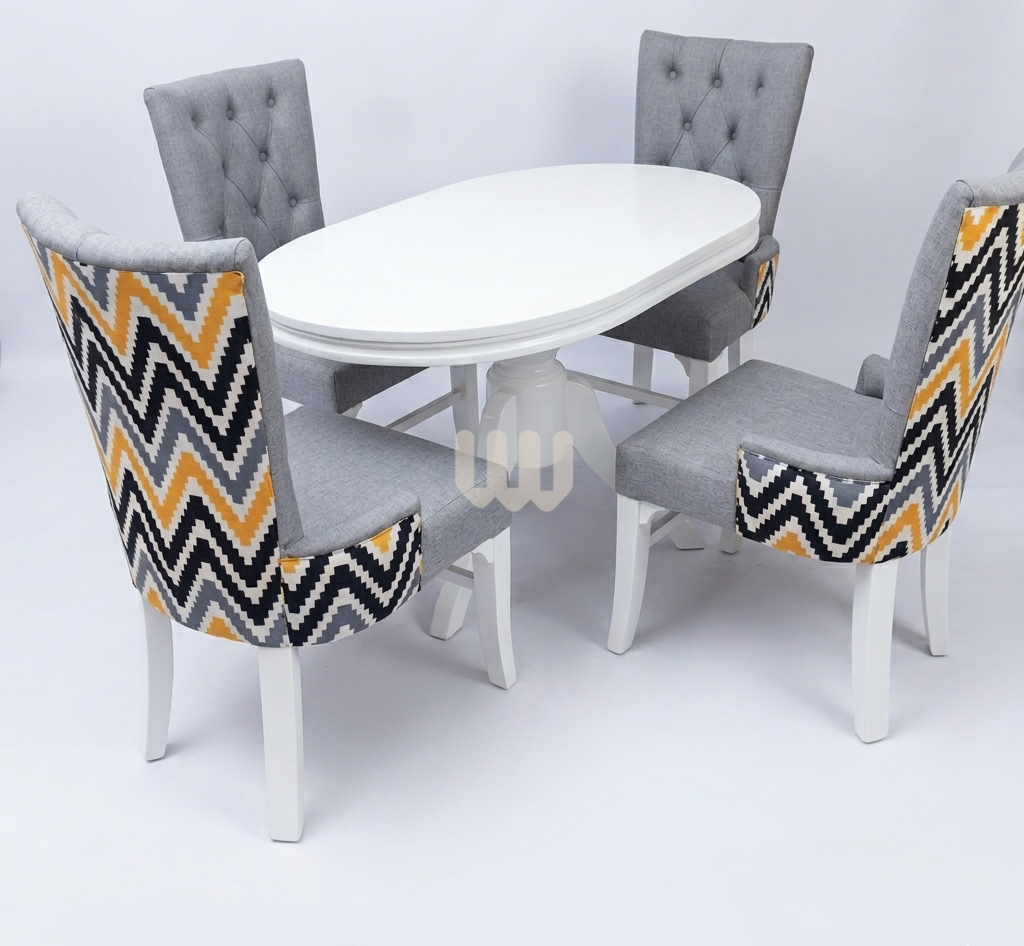 Kimwoods Chester Dining Set – 4 Seater | White Painted Oval Table & Light Grey Chester Chairs