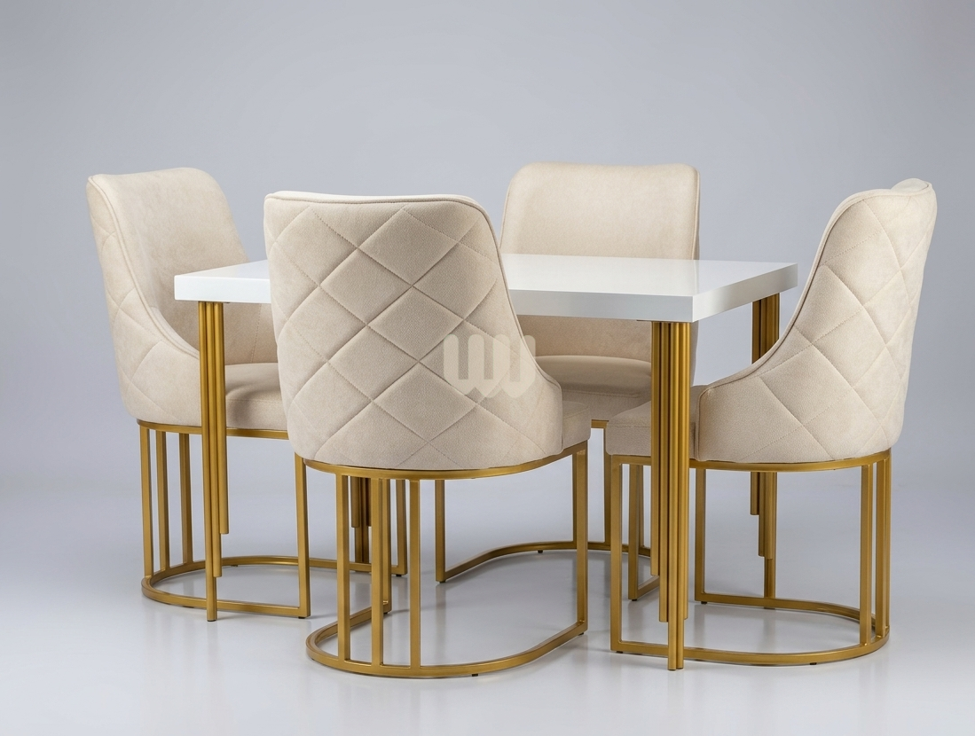 Mwangaza Modern Luxe Dining Set – 4 Seater | White Marble Top & Gold Metal Base
